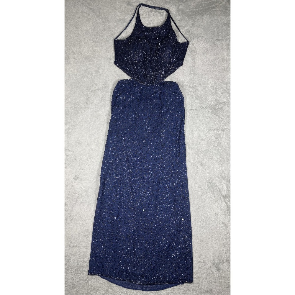 SEAN COLLECTION Dress Womens XL Blue Silk Beaded Chiffon Halter One-Piece Formal